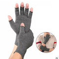 Grey half-finger compression gloves for arthritis with anti-slip palm grip.