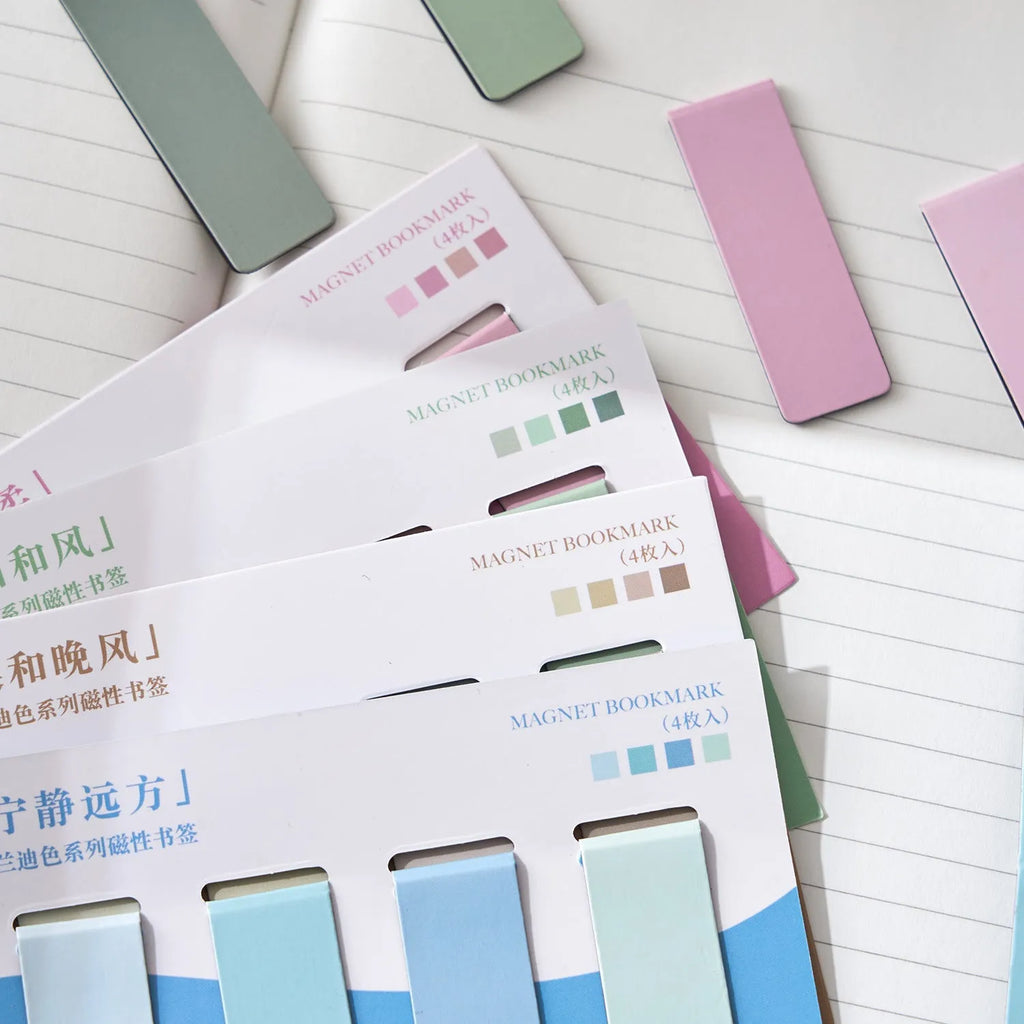 Set of four minimalist Morandi colour block magnetic bookmarks showing magnetic clasp