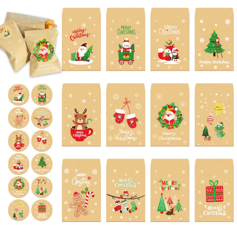 Retro kraft paper mini envelope set 24 pieces with stickers Christmas design 12.5x7.7cm