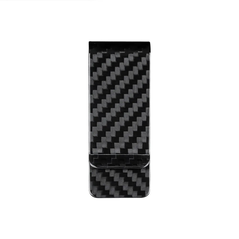 Glossy black carbon fibre money clip with striped pattern on white background