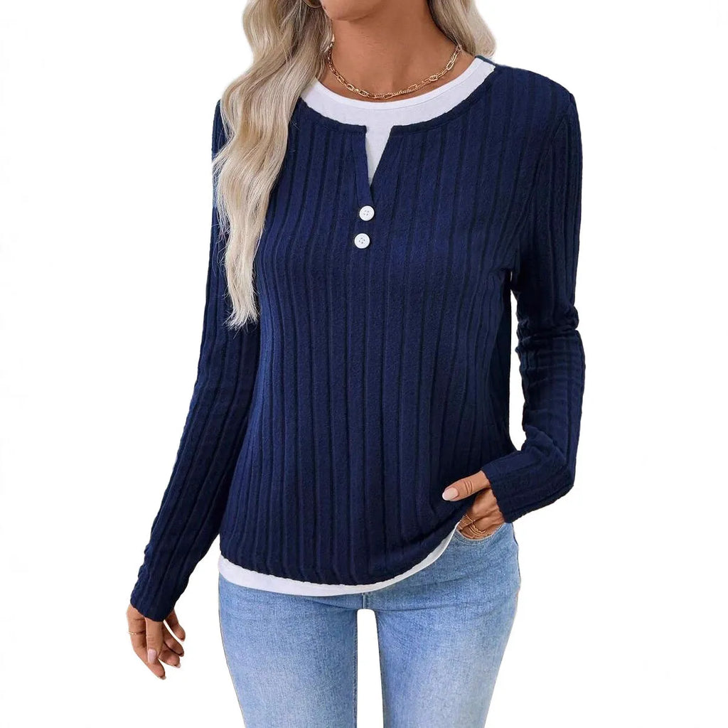 Women's fake two-piece round neck button pullover sweater in concave stripe polyester