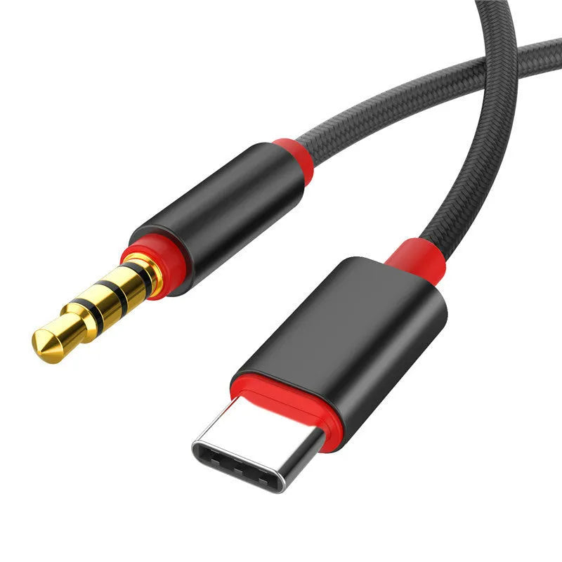 Nylon braided audio cable with headphone and car adapter connectors in silver colour
