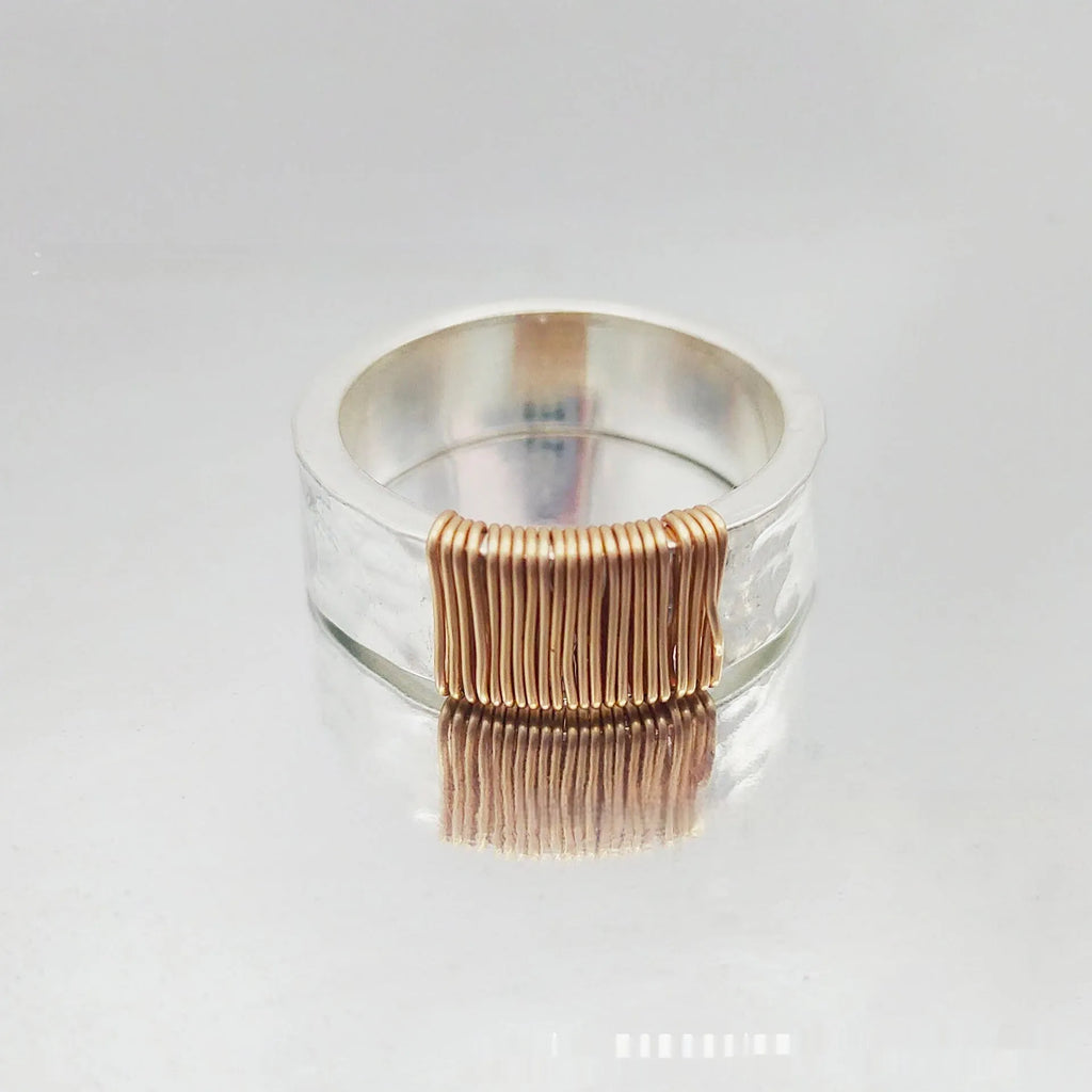 Copper simple bracelet with a geometric vintage ring design in a silver gold electroplated finish.