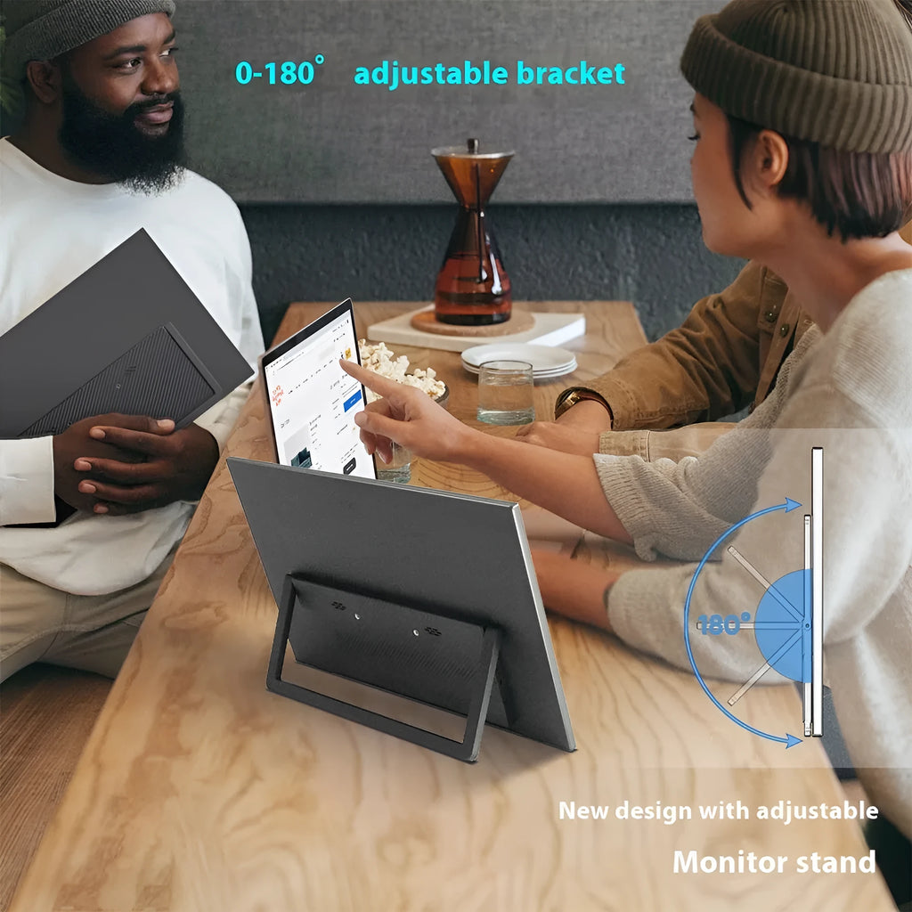 Black 15.6-inch portable computer display with adjustable stand showing Full HD screen