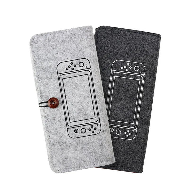 Black felt pouch for Nintendo Switch open to show console compartment and five game card slots