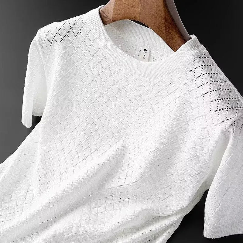Men's ice silk V-neck T-shirt in black Korean style with cut-out detail and short sleeves