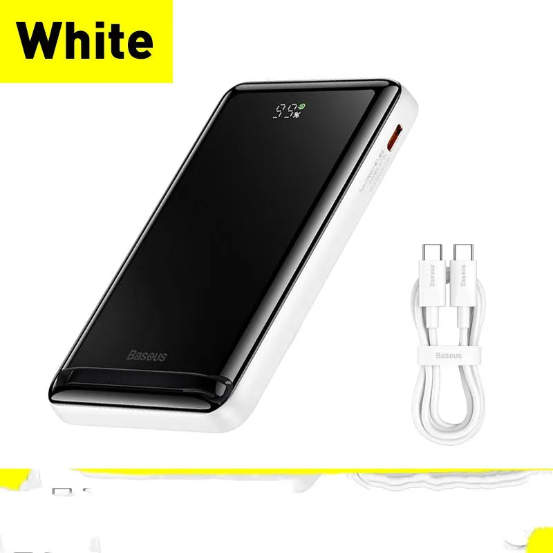 Slim blue magnetic wireless power bank showing compact dimensions and charging cable