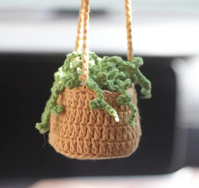 Green and white knitted wool car plant decoration with 25cm hanging rope