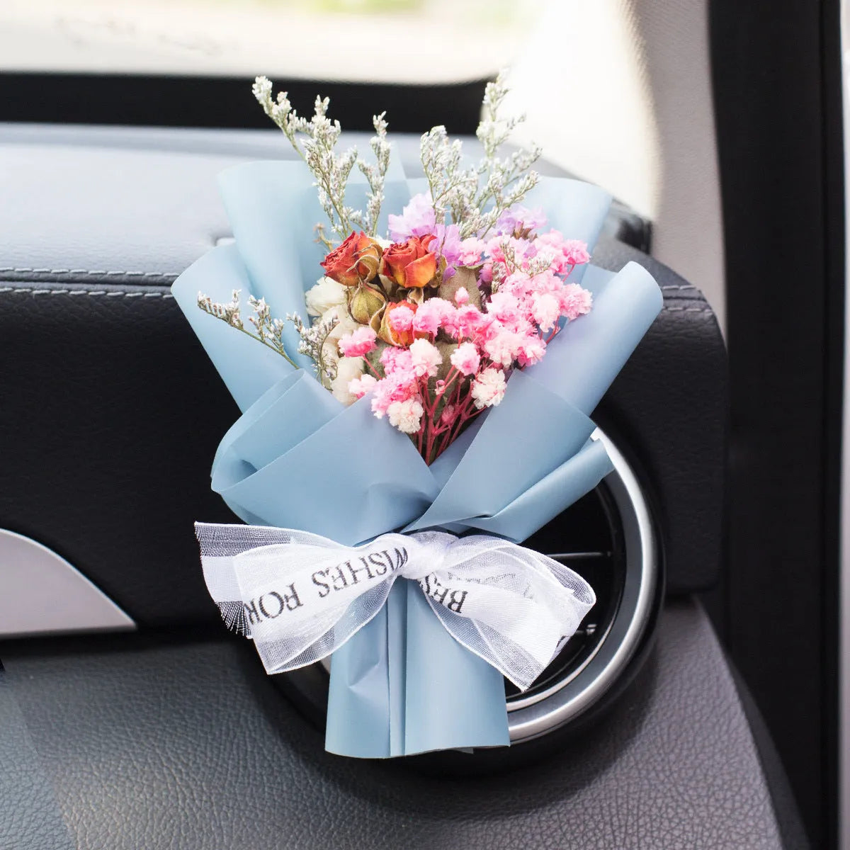 Handmade dried flower bouquet car vent air freshener in a choice of 13 colours.