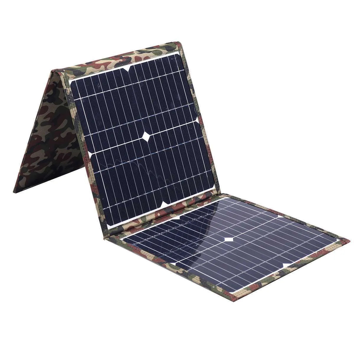 Black foldable portable solar panel unfolded, showing three monocrystalline cells, with included car charger and cables.
