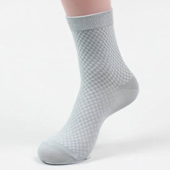 Men's bamboo fibre business socks with small square pattern in black, navy blue, and grey colours.