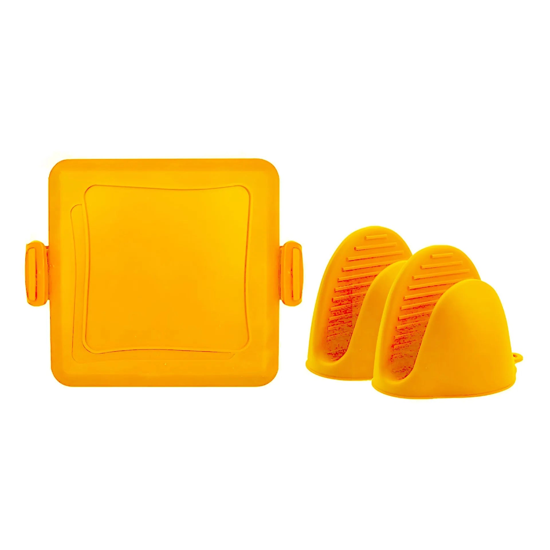 Red silicone baking tray with heat-resistant gloves on kitchen counter