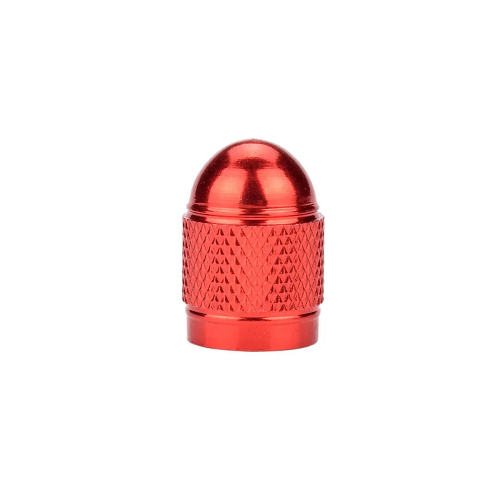Aluminium alloy mountain bike tyre valve cap shown in five colour options: black, blue, gold, silver, and red