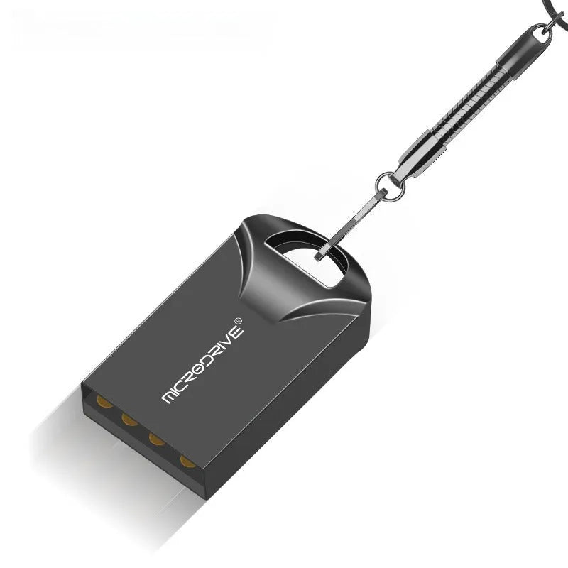 Mini metal USB flash drive in black and silver colours showing compact size