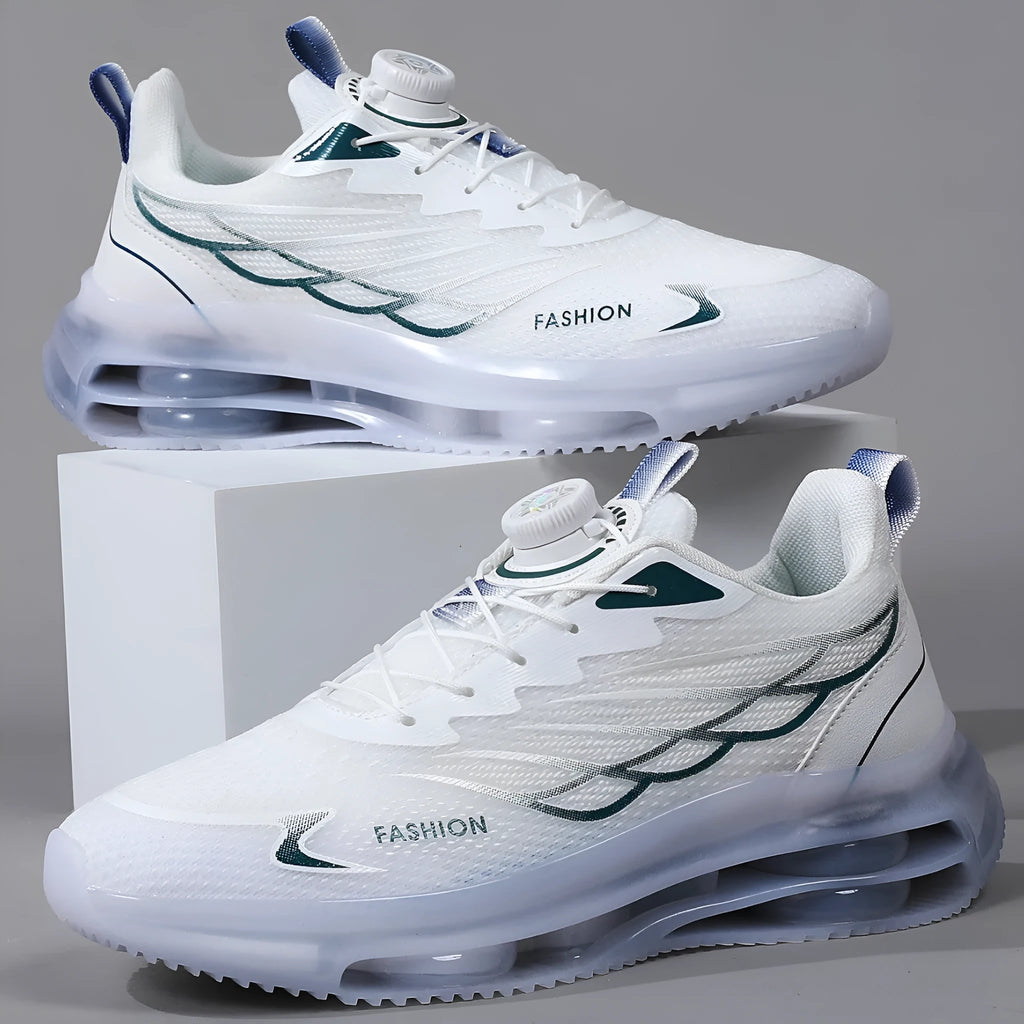 White rotating button youth sports casual shoes with mesh upper and rubber sole.