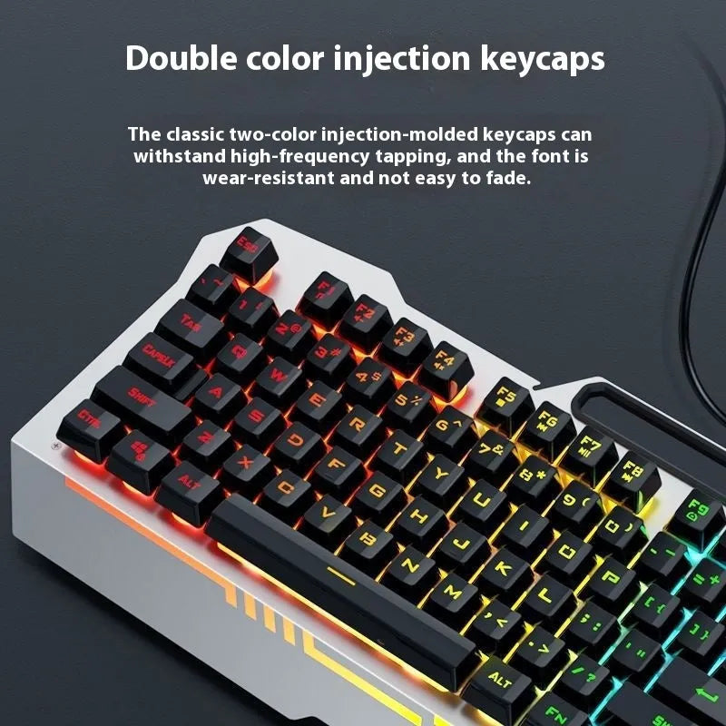 Metal mechanical keyboard bundle with gaming mouse, headset, and optional mouse pad on a desk.
