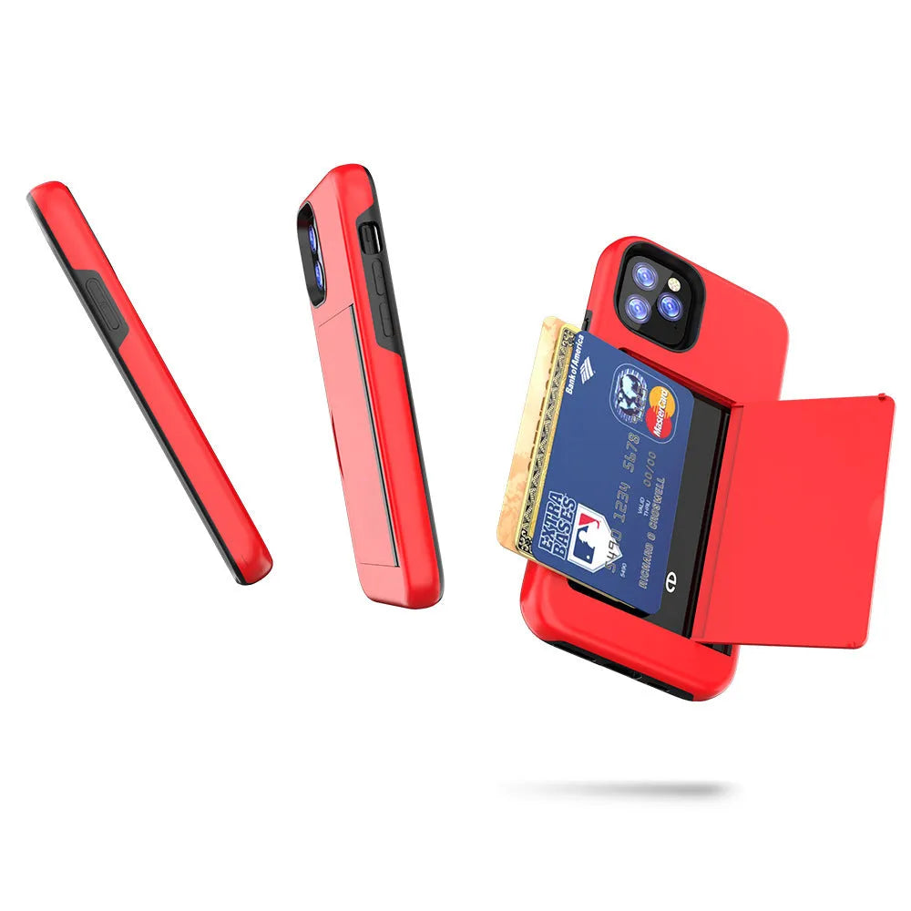 Slim black protective phone case for Apple iPhone 11, shown alongside red and blue colour options.