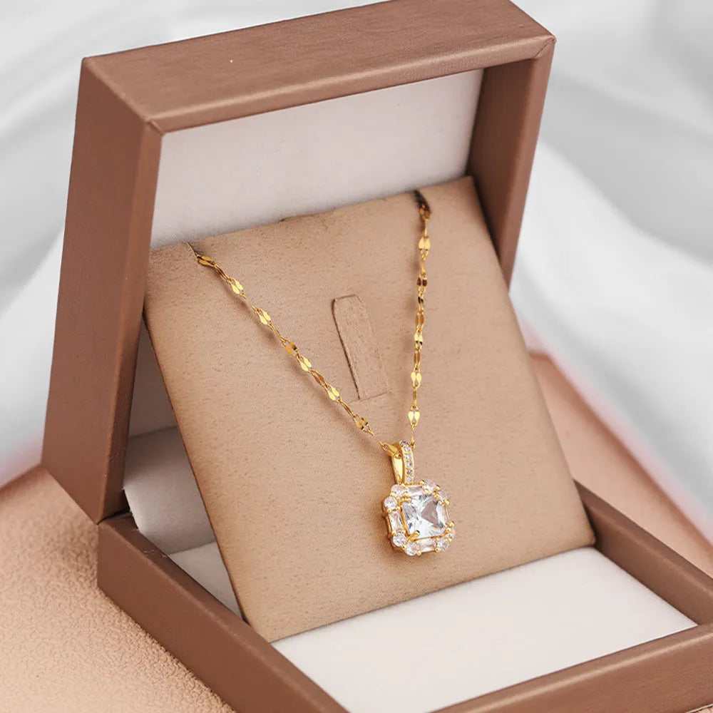Women's titanium steel geometric clavicle chain with quadrilateral zircon pendant on water wave chain