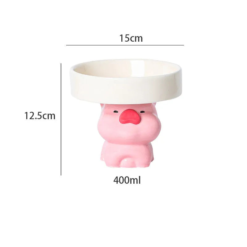 Ceramic raised pet bowl in animal design, showing wide 15cm opening and 4.92-inch elevation.