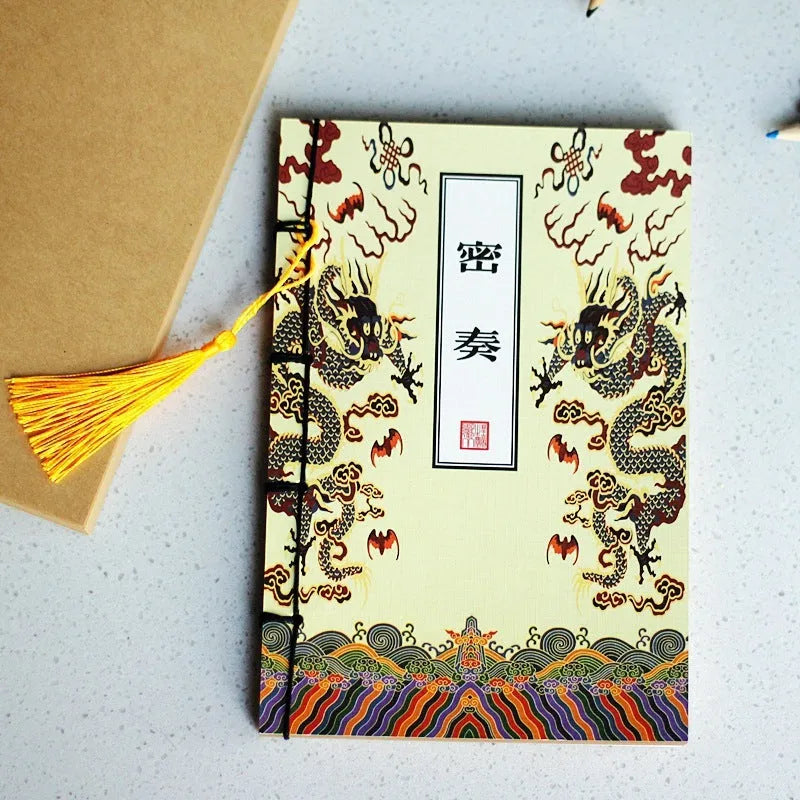 A5 antique wire-bound notebook with retro Chinese painting design on glossy embossed cover