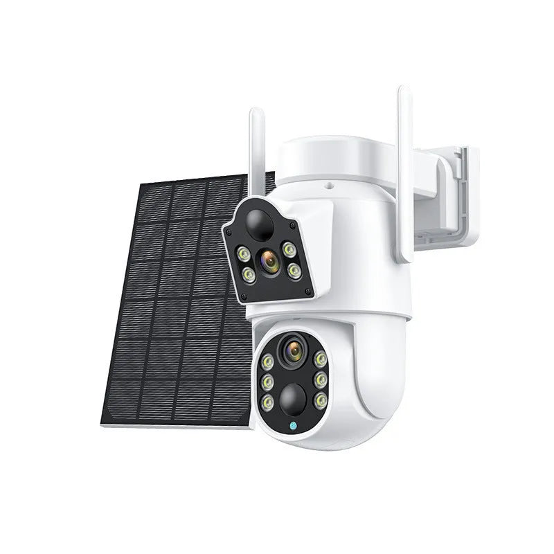 White outdoor solar security camera with solar panel on wall mounting