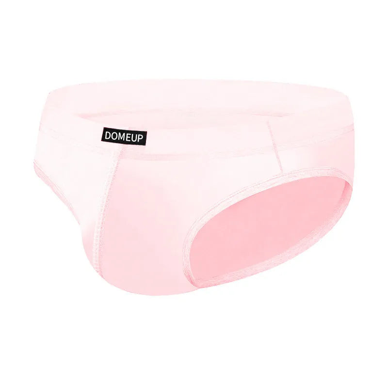 Men's solid colour low waist seamless briefs in black, white, and pink with breathable polyester fabric