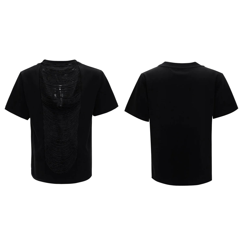 Men's loose black V-neck short sleeve T-shirt with tassel detail on hollow-out polyester fabric.