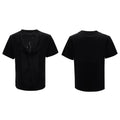 Men's loose black V-neck short sleeve T-shirt with tassel detail on hollow-out polyester fabric.