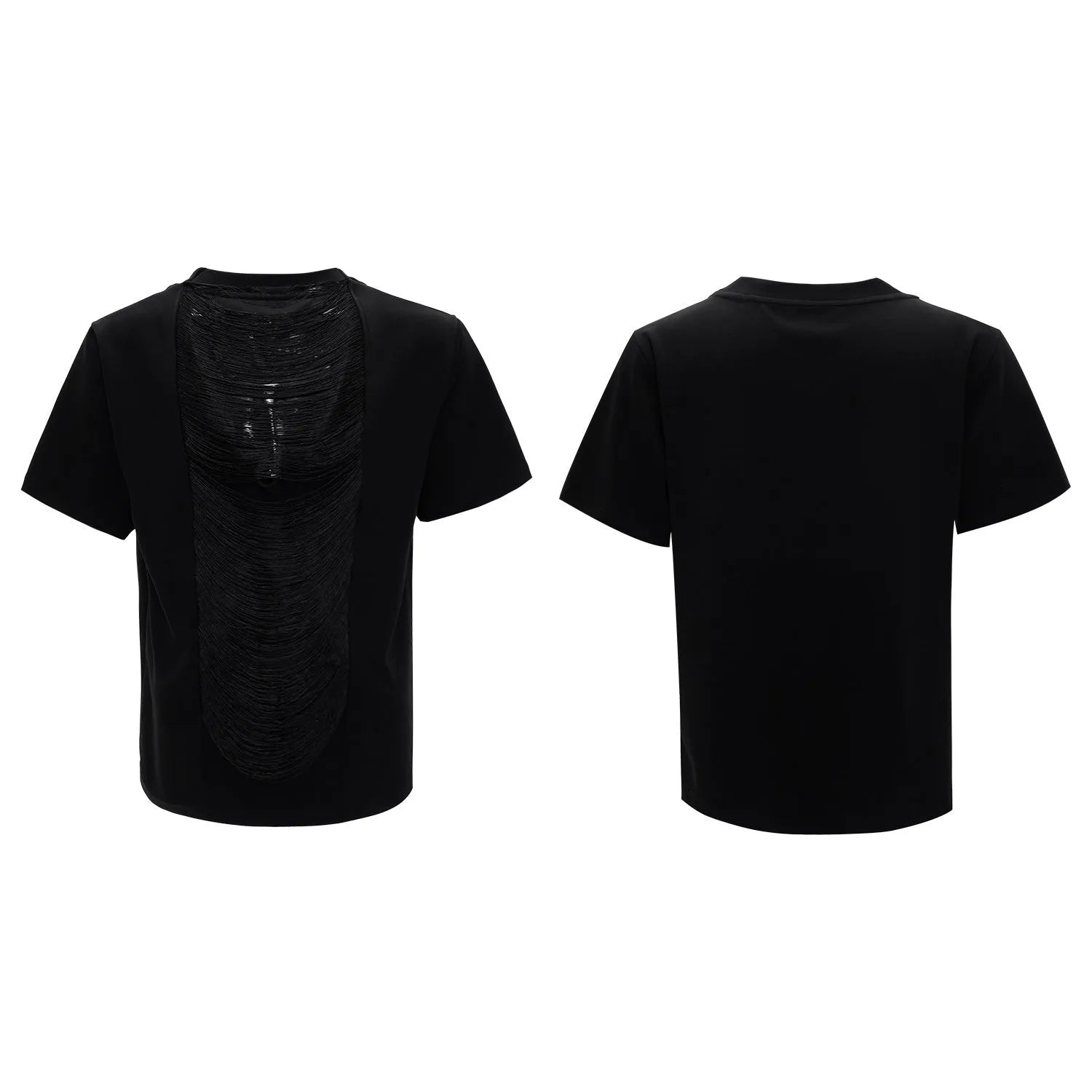Men's loose black V-neck short sleeve T-shirt with tassel detail on hollow-out polyester fabric.
