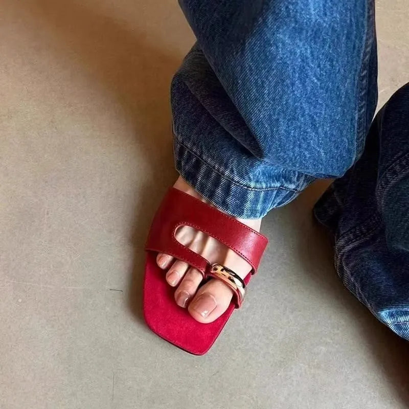 Plus size square head leather slippers with rubber sole in black, red, silver, or white colours