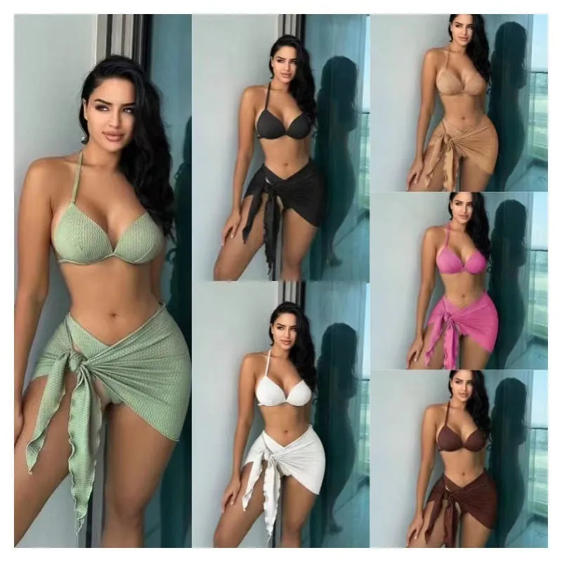 Women's three piece swimsuit set with Russian split design in polyester fabric