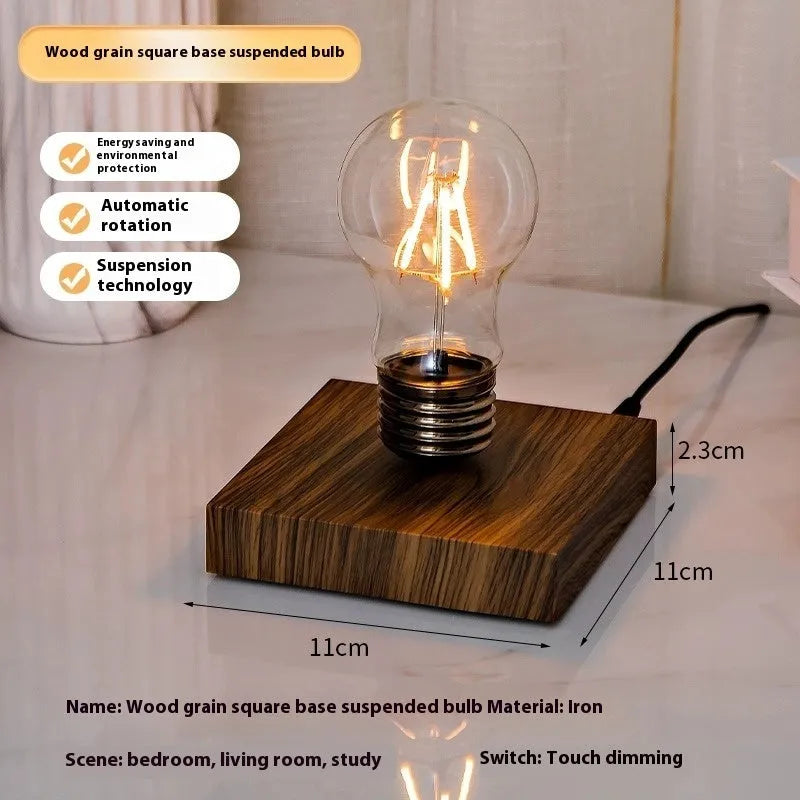 Suspension bulb creative night lamp with iron art construction and wood grain base