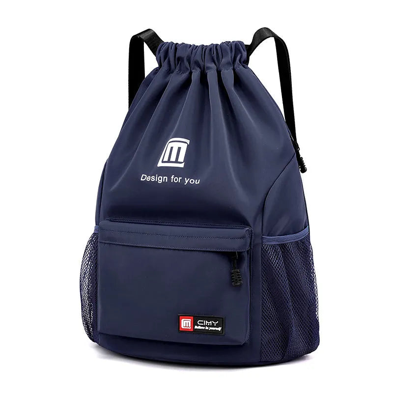 Oxford fabric drawstring travel backpack in multiple colours with double shoulder straps and pull-belt closure