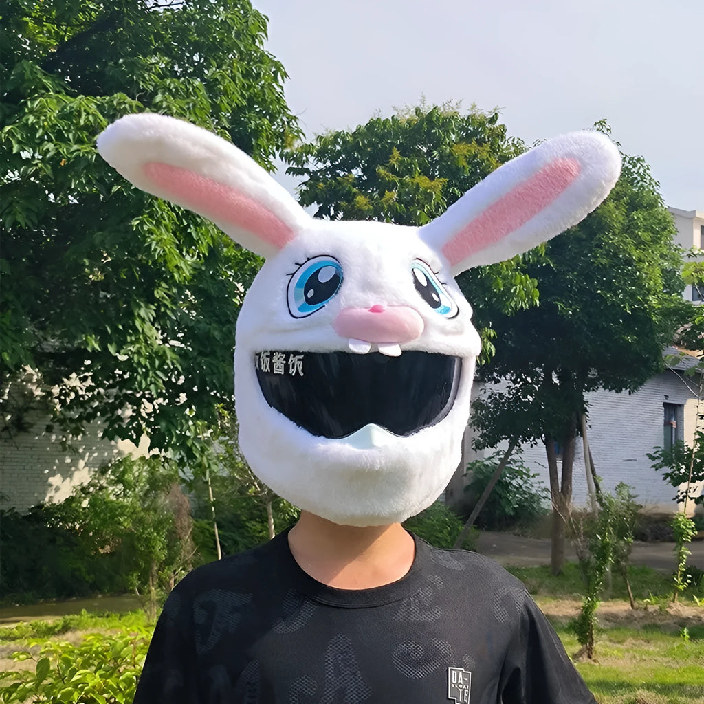 Decorative rabbit head helmet cover in long eared white design for electric motorcycle commuting