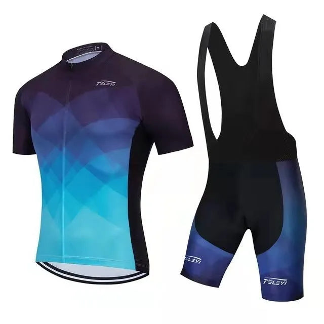 Men's and women's blue cycling jersey and black shorts set for summer biking