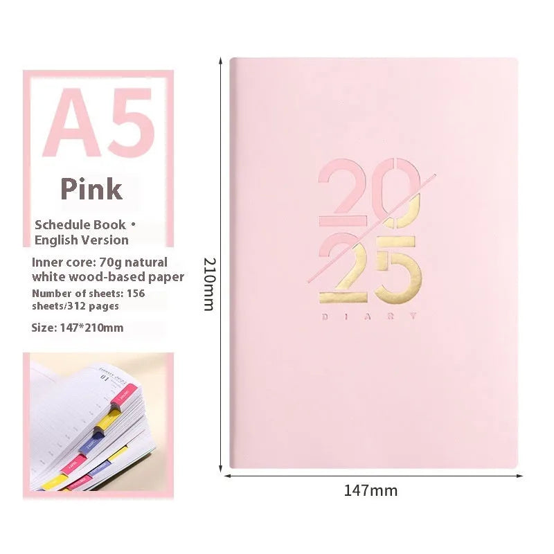 A5 soft faux leather daily schedule book open showing Dorian paper pages