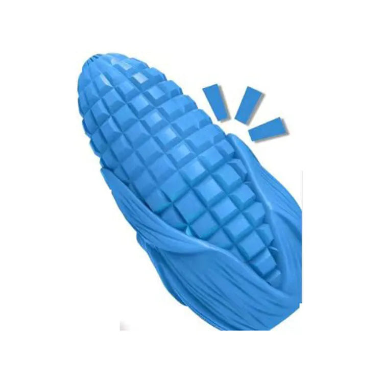 Blue corn-shaped dog chew toy with surface grooves and squeaker for medium and large breed dogs