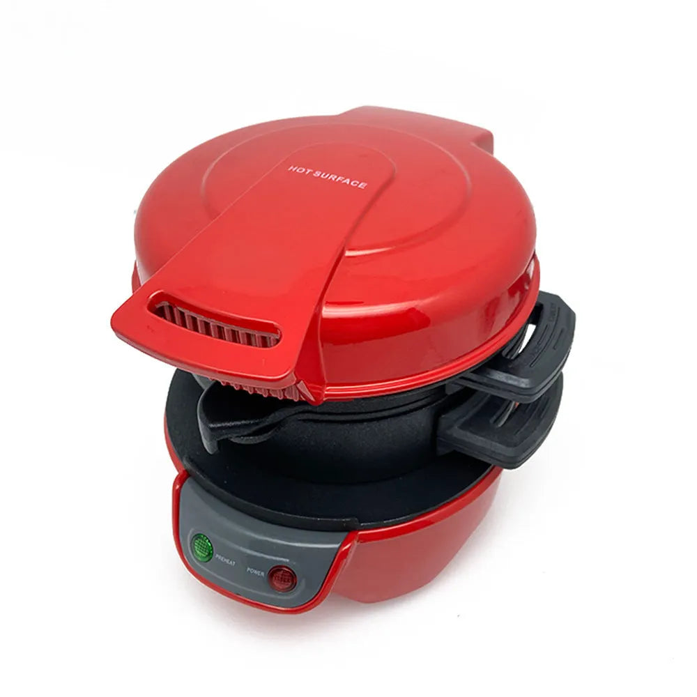 Breakfast sandwich maker with egg cooker ring in red orange or grey with two baking trays
