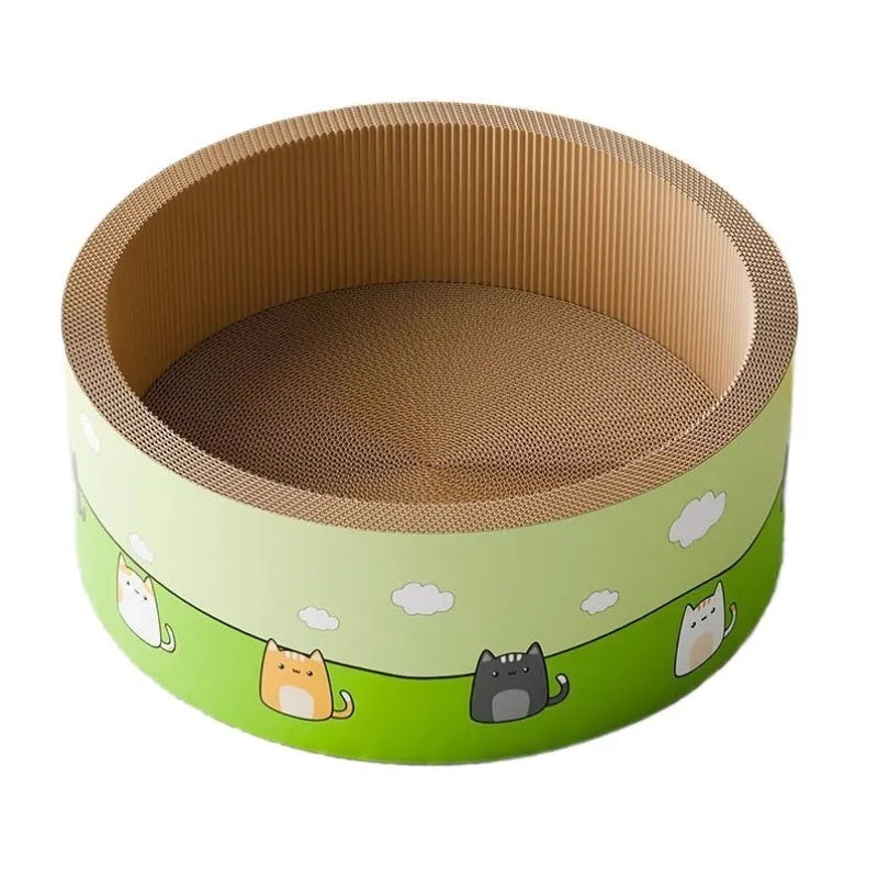 Round cat scratch board with deep circular pits made from corrugated paper