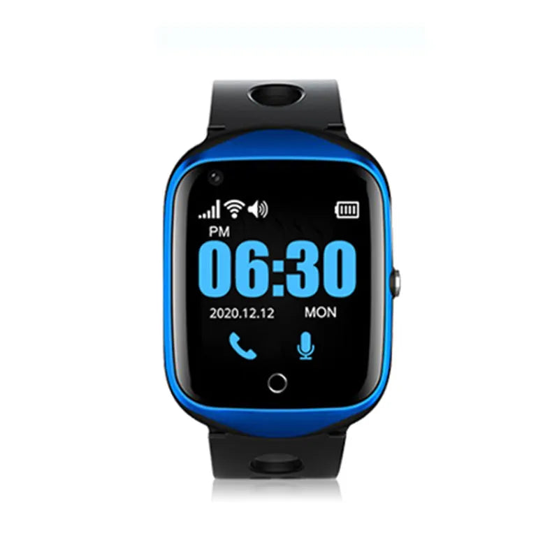Square black GPS smartwatch for elderly positioning with a silicone strap on a wrist