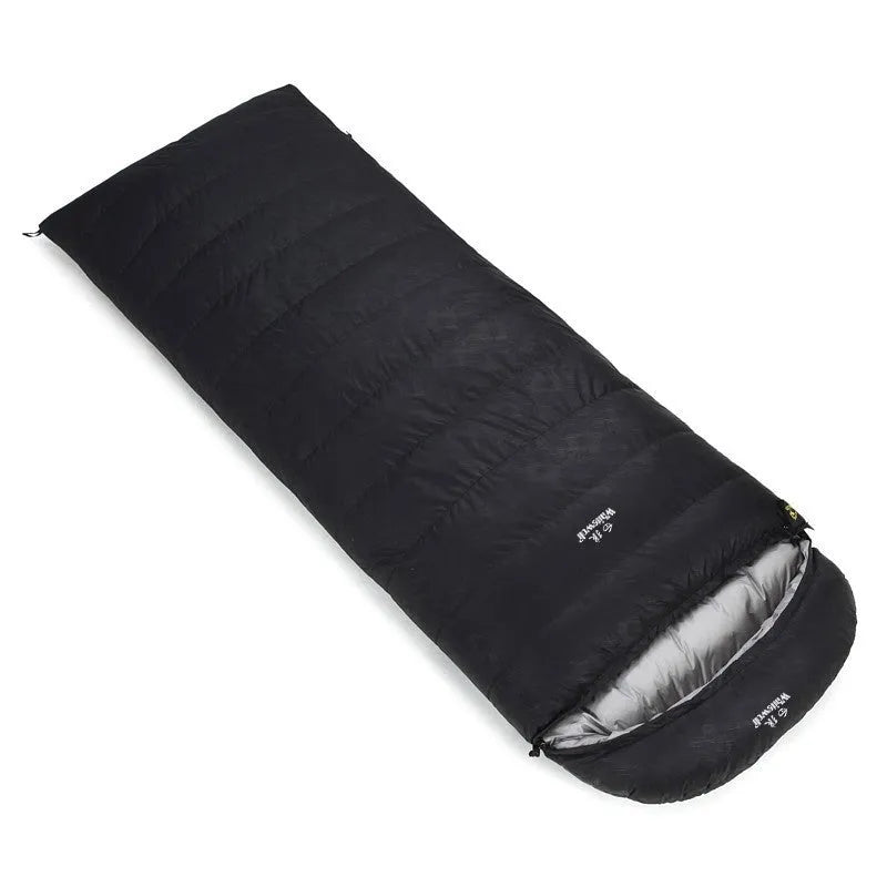 Black outdoor sleeping bag with white goose down filling and durable nylon fabric.