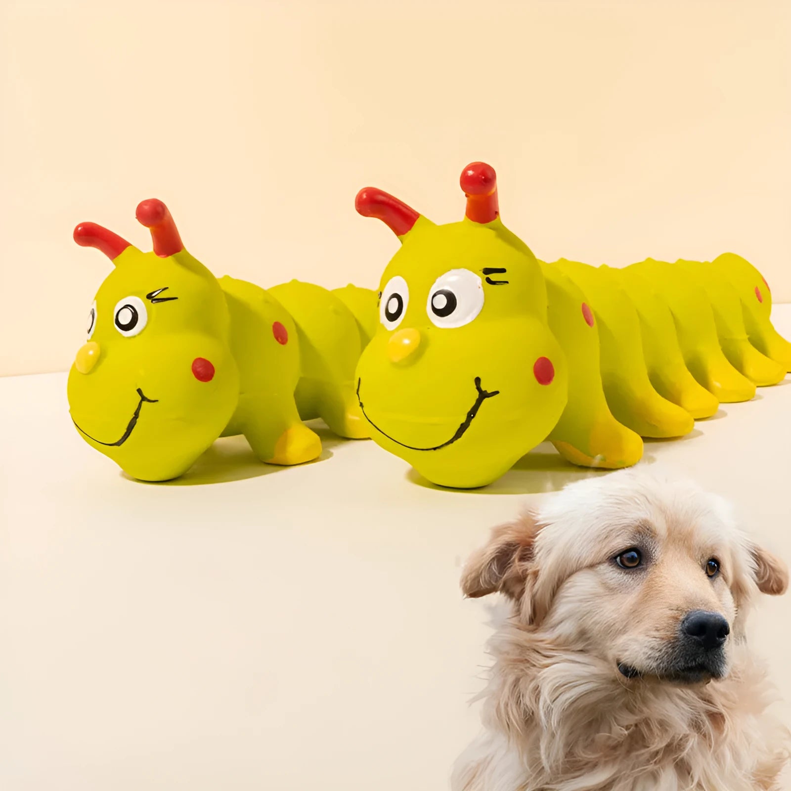 Yellow caterpillar-shaped rubber dog toy with squeaker for small and medium breeds