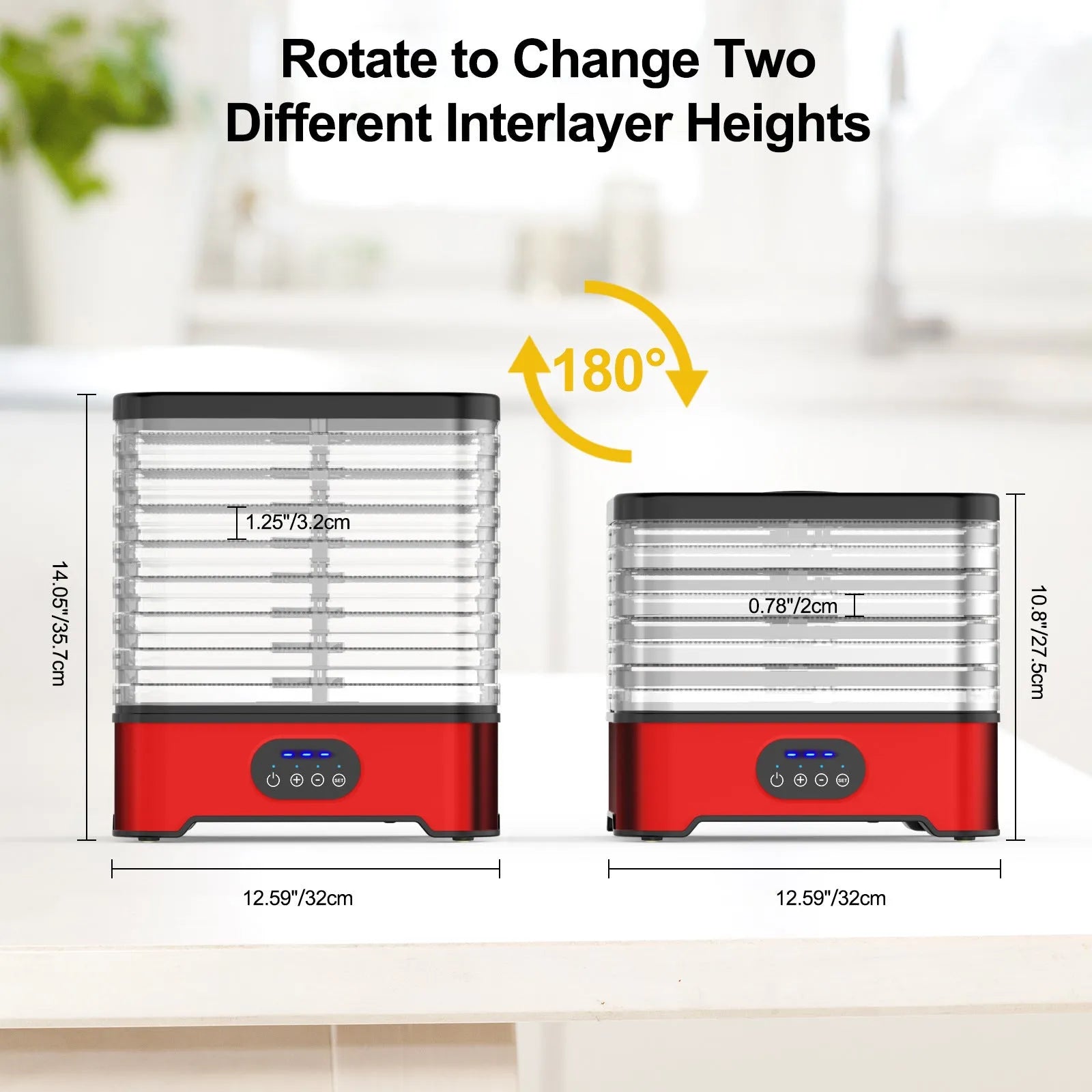 Silver and red household food dehydrator with eight drying trays showing expanded height