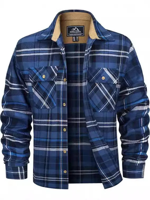 Man wearing a casual orange and black plaid flannel button-down shirt with long sleeves.