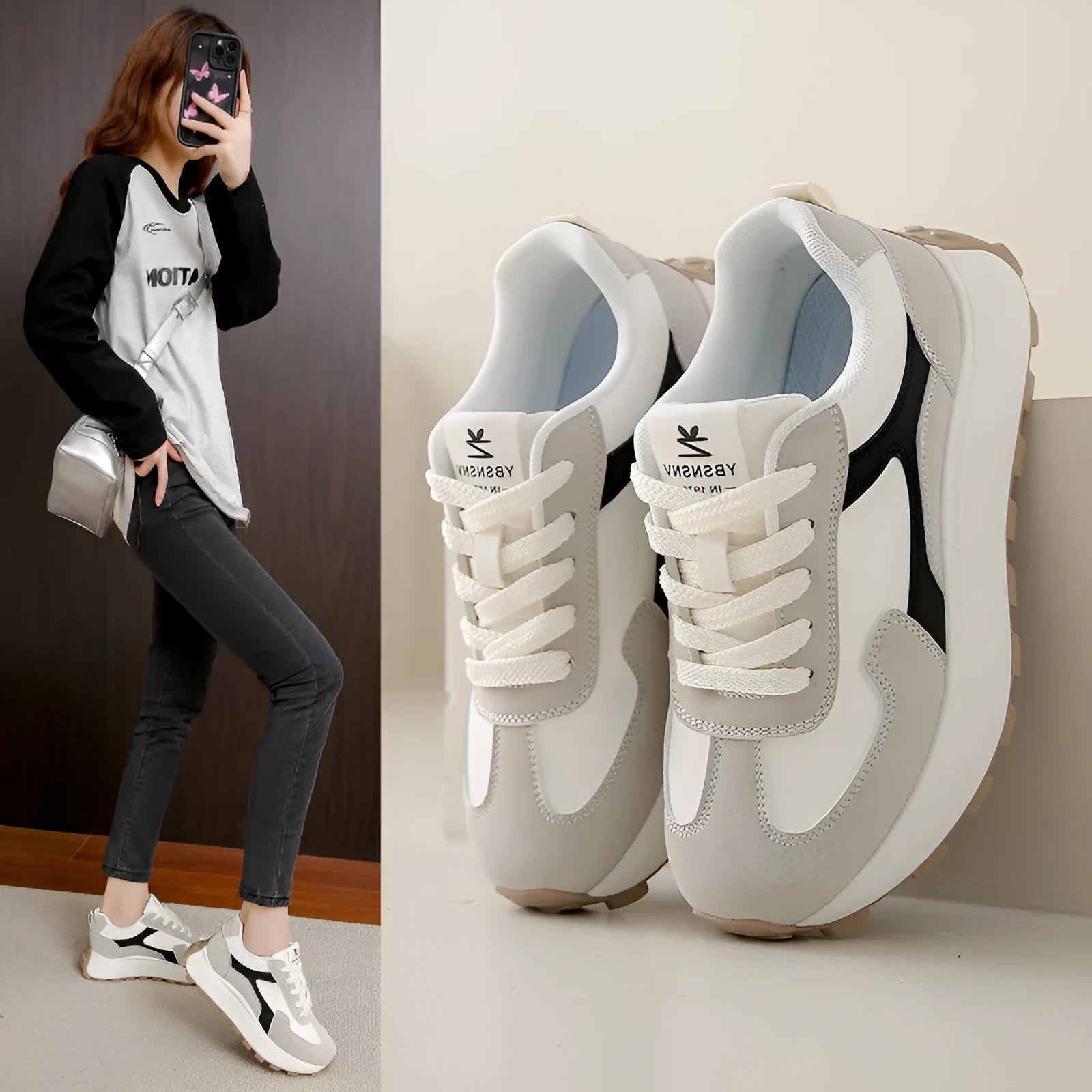 Women's low-top platform running shoes in card black with lace-up front and rubber sole