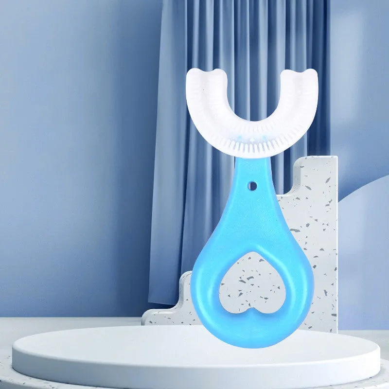 Children's U-shaped soft rubber toothbrush in pink and blue colours for milk teeth cleaning