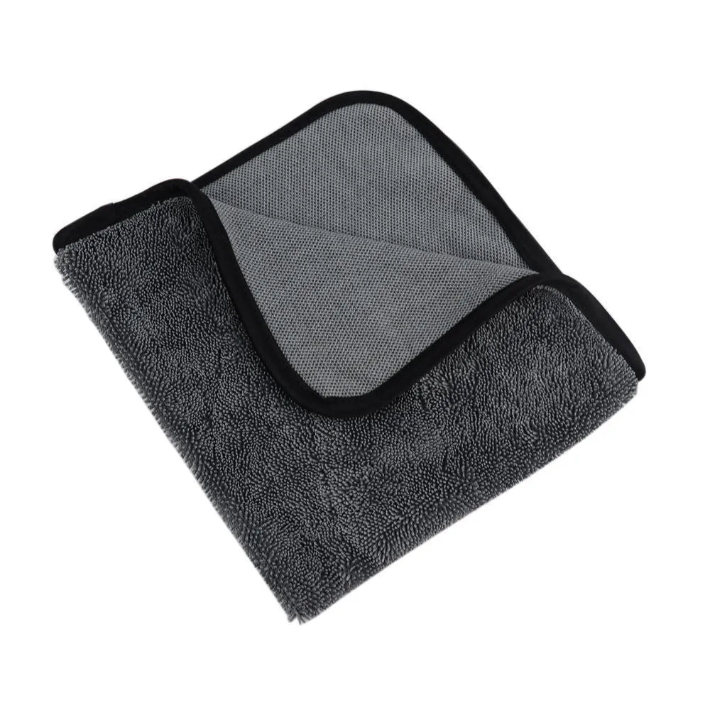 Grey square microfiber car wash towel laid flat, showing its 40x40 cm size.