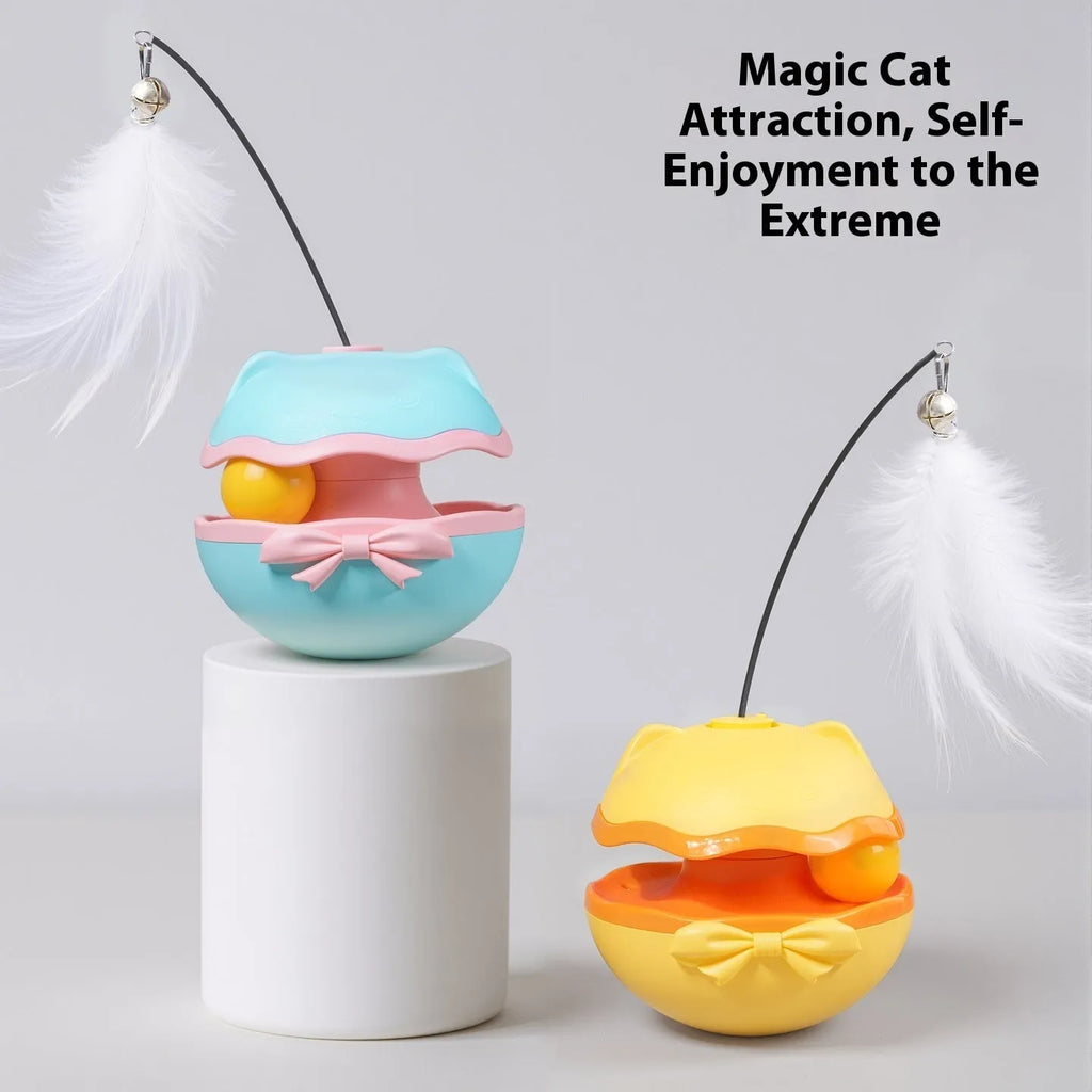 Electric cat toy tumbler with self-moving action and teaser wand attachment in plastic construction