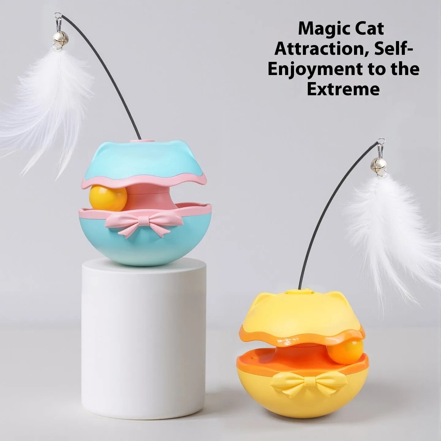 Electric cat toy tumbler with self-moving action and teaser wand attachment in plastic construction
