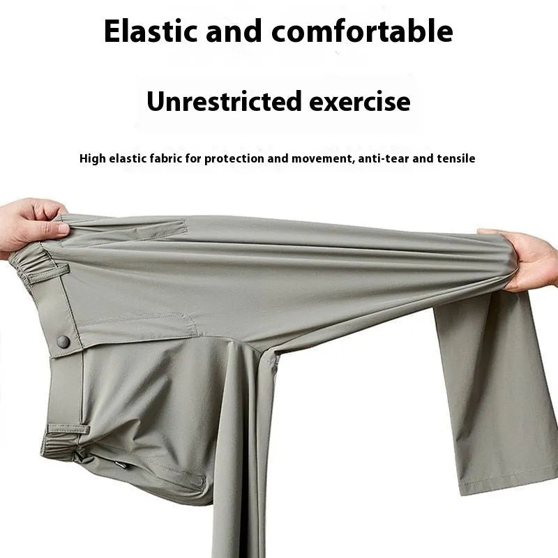 Men's black ice silk loose straight-leg casual trousers with elasticated waist on a plain background.